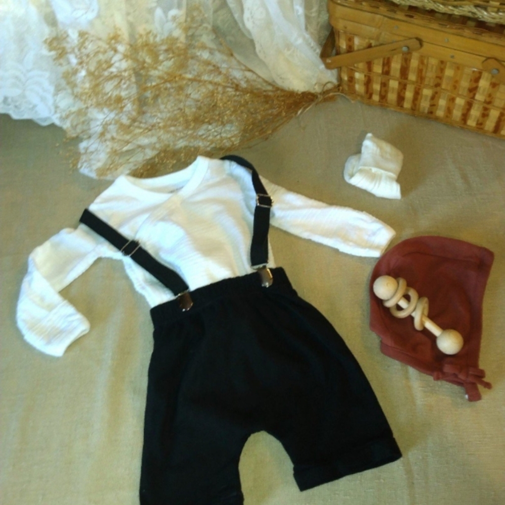 White Long Sleeve with Black Overalls and Accessories